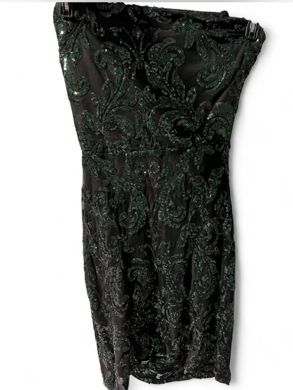Windsor Spaghetti Strap Black Dress with Dark Green Sequin Paisley